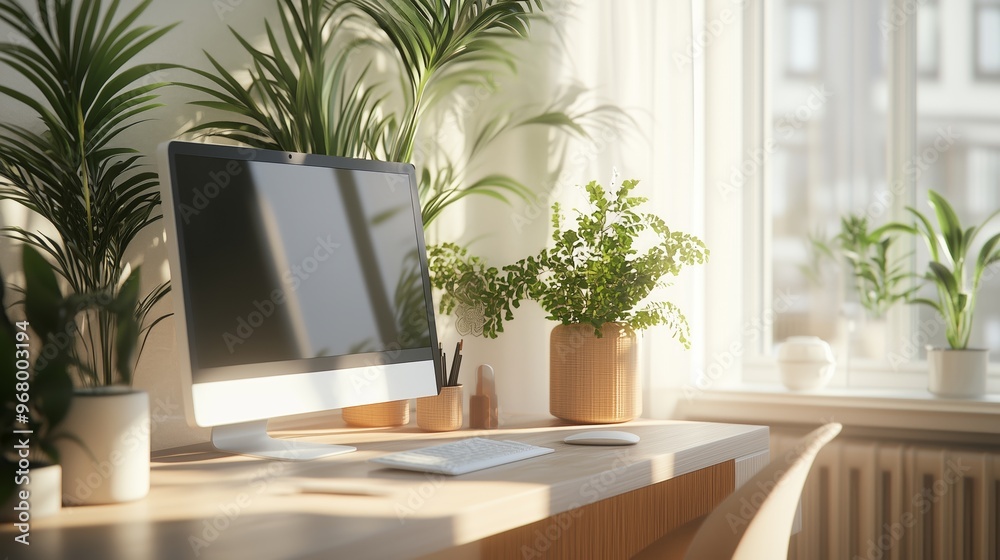 A bright, serene home office with a computer and lush indoor plants in morning sunlight