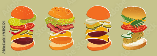 A beautiful vector set of 4 different types of burgers in a vintage print style. All the ingredients are separate, they can be mixed and matched!
Perfect for posters, prints, menus, branding