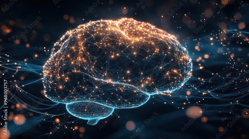 abstract data cloud visualization interconnected nodes forming brain shape glowing energy streams dark tech background