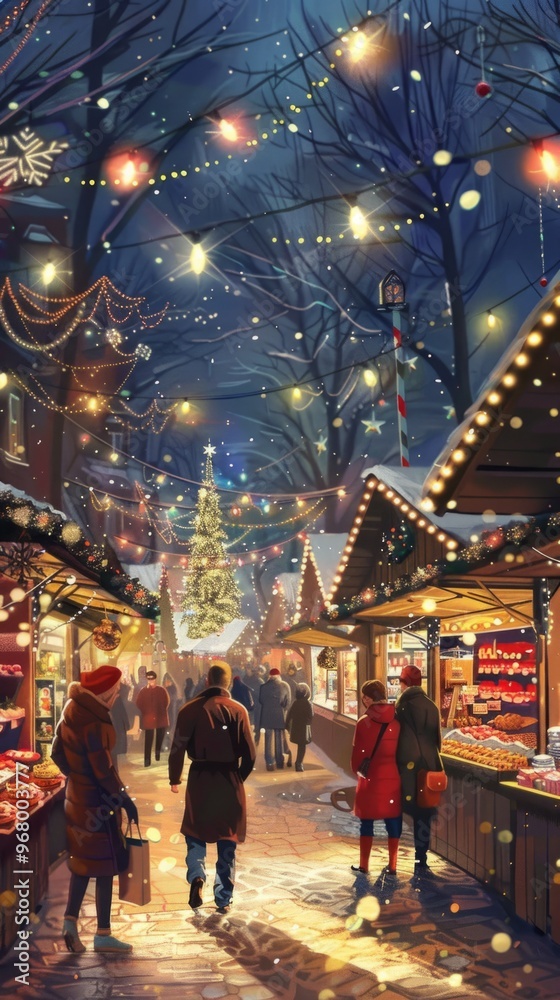 Obraz premium The Christmas fair is alive with market stalls offering handcrafted gifts and delicious treats, creating a cozy and inviting atmosphere perfect for holiday celebrations