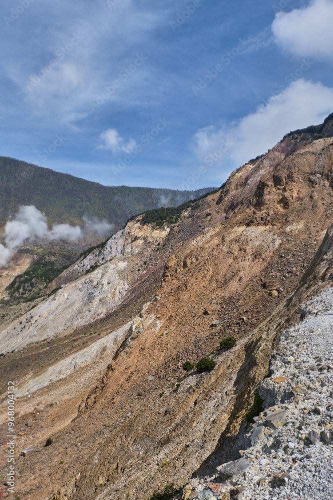Steaming Crater on a Serene Mountain Slope