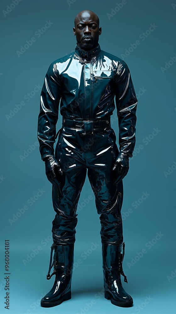 A muscular african american man poses confidently in a black shiny latex suit against a contrasting teal background, emphasizing strength, modernity, and bold high-fashion aesthetics. A muscular african american man poses confidently in a black shiny latex suit against a contrasting teal background, emphasizing strength, modernity, and bold high-fashion aesthetics.