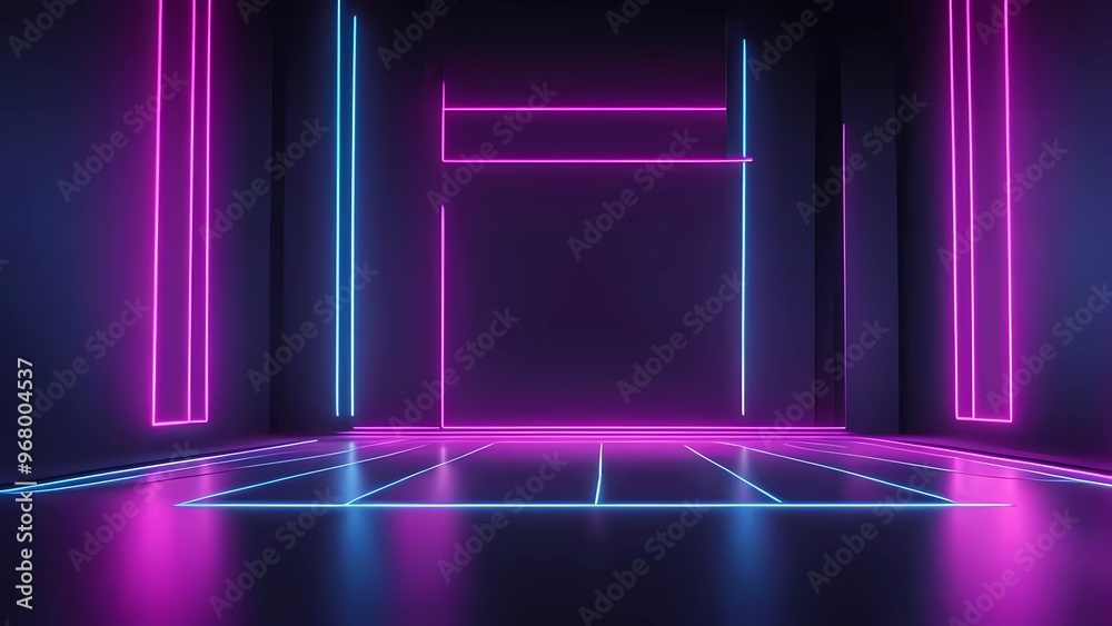 Contrasting colored neon lights frame the empty room, creating an interesting illusion of depth Contrasting colored neon lights frame the empty room, creating an interesting illusion of depth