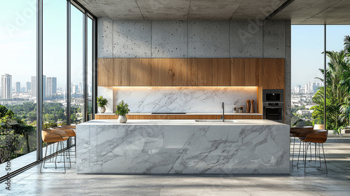 Modern kitchen with marble countertop and city view.