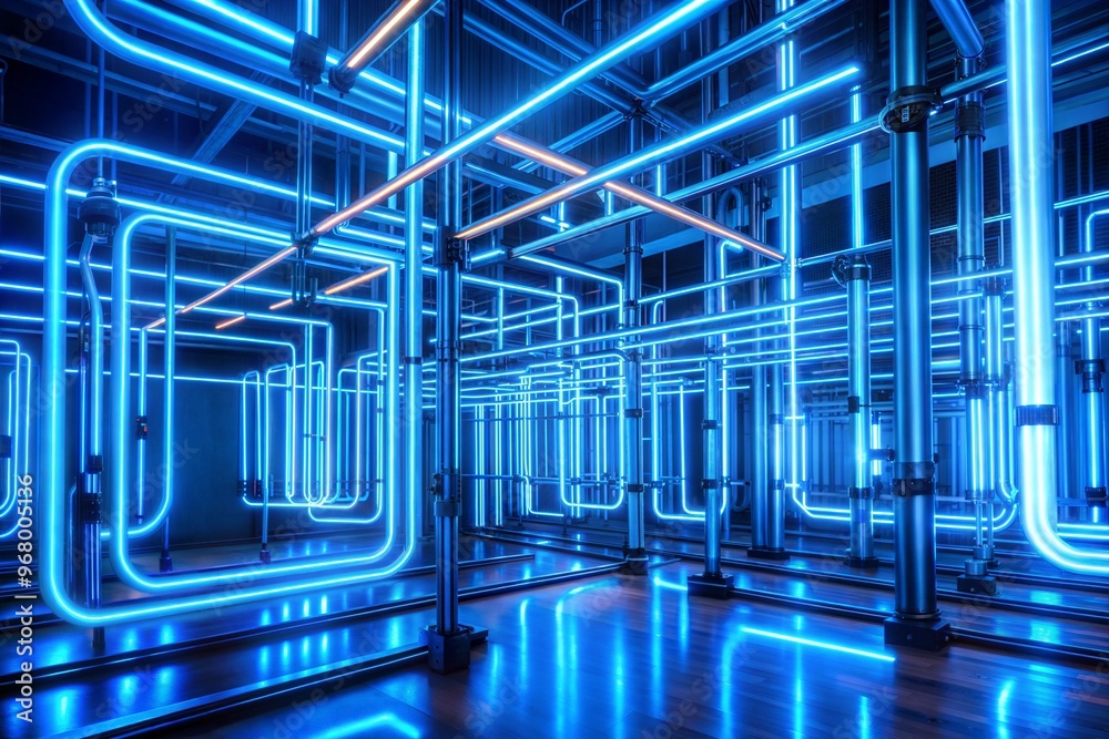 Fototapeta premium Glowing blue neon lights installation in dark industrial space