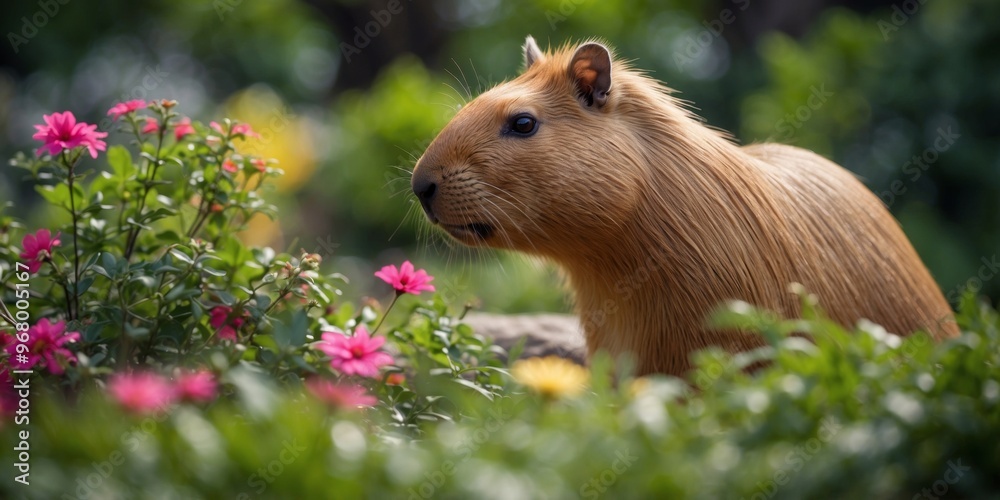 Capybara enjoying greens in a colorful garden. Capybara enjoying greens in a colorful garden.