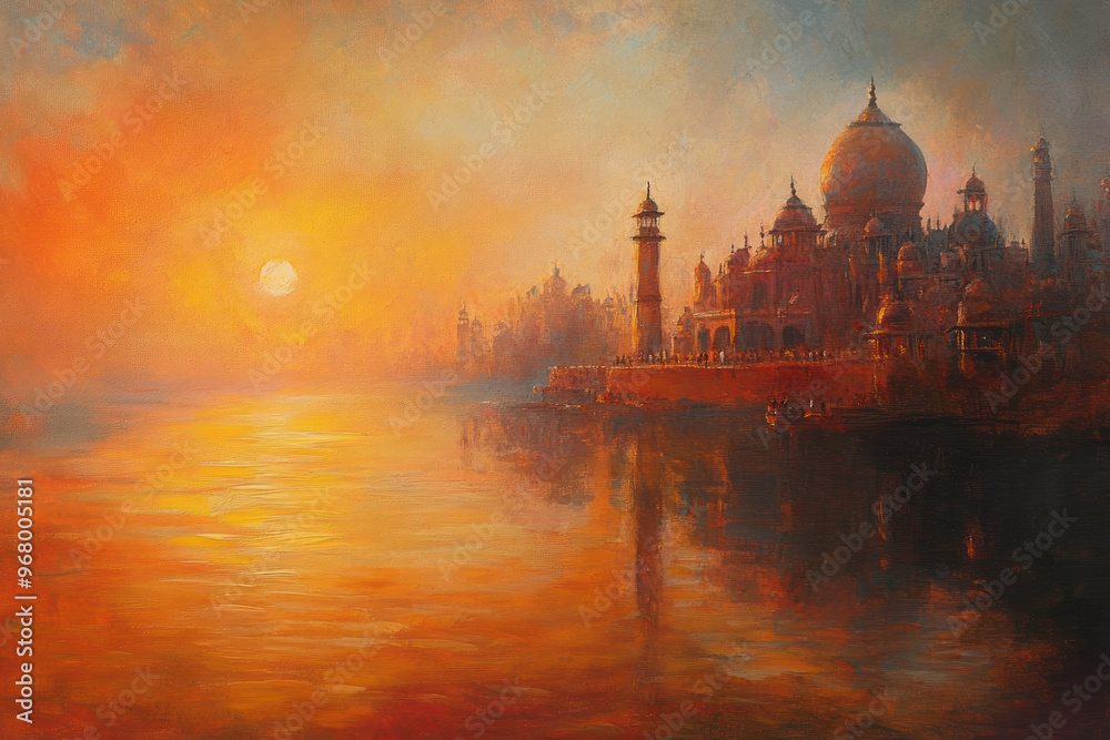 Fototapeta premium 3d illustration of Ancient Varanasi city architecture at sunset with view of sadhu baba enjoying a boat ride on river Ganges. India
