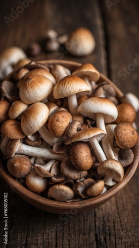 overhead view of a bowl of different foraged mushrooms on a rustic wooden background.