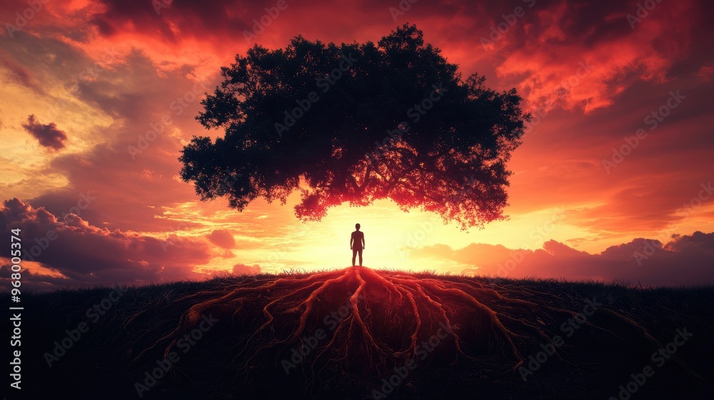 Fototapeta premium image of a figure beneath a tree with roots, symbolizing self-discovery and personal growth in psychology concept banner