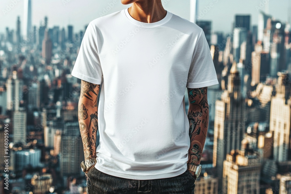T-shirt worn by a model in an urban street wear style created with Generative AI T-shirt worn by a model in an urban street wear style created with Generative AI