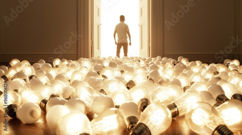 Ideas vs Execution: A pile of glowing lightbulbs representing great ideas scattered on the floor, with a single hand picking one up and walking towards a bright doorway photo