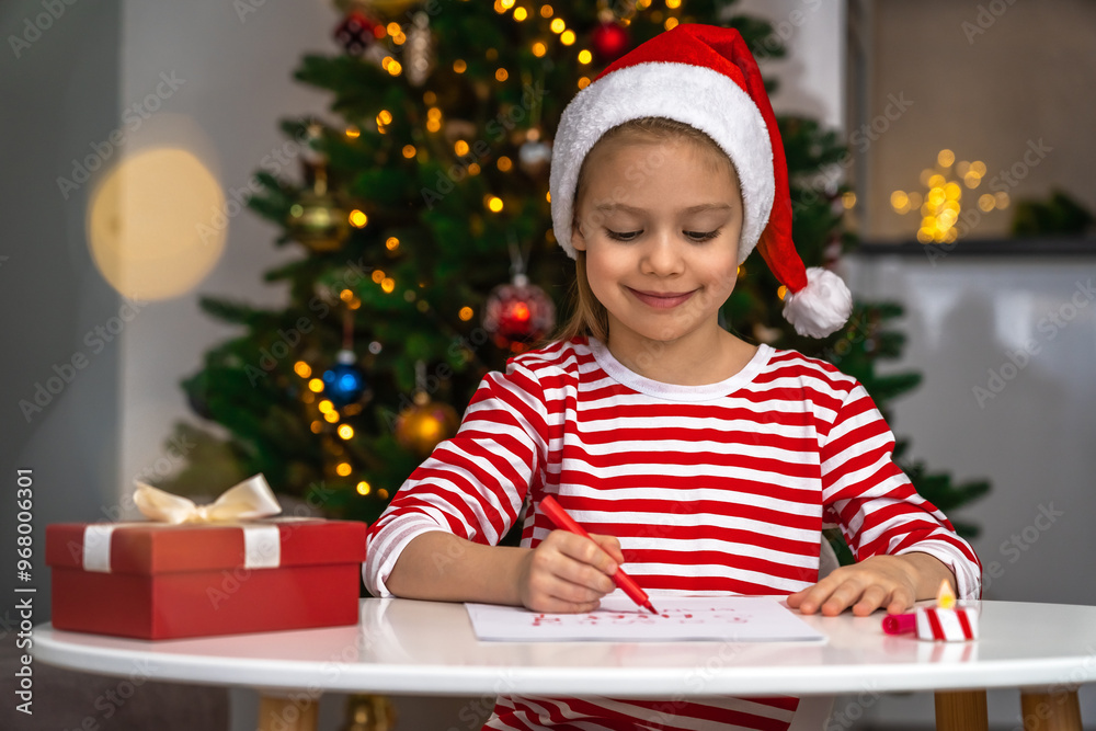 Happy little girl sits at table with gift box and writes letter to Santa Claus on background of christmas tree. New Year Christmas Happy little girl sits at table with gift box and writes letter to Santa Claus on background of christmas tree. New Year Christmas