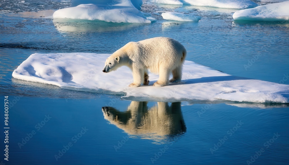 Naklejka premium Solitary Polar Bear on a Melting Ice Floe in the Arctic, Reflecting in Calm Blue Waters, Highlighting Climate Change and Habitat Loss in a Pristine and Fragile Environment