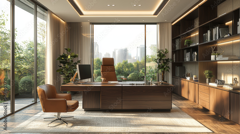 Fototapeta premium A modern, sleek office space with a large desk and city views.