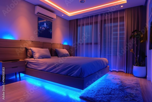 Modern Stylish Bedroom with Energy Efficient Mood Lighting for a Relaxing and Sustainable Environment