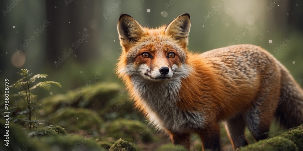 Naklejka premium Cute animated fox in a lush forest landscape.