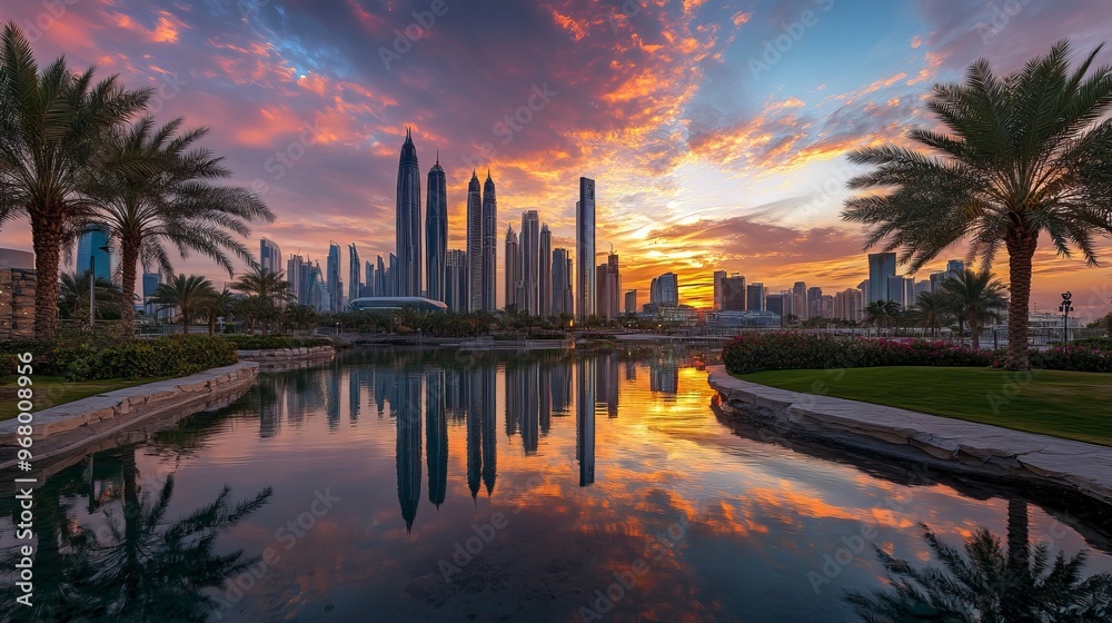 Obraz premium Dubai, UAE, February 16, 2022 Sheikh Zayed Road Towers in a beautiful sunset with Emirates Twin towers and Museum of The Future .generative ai