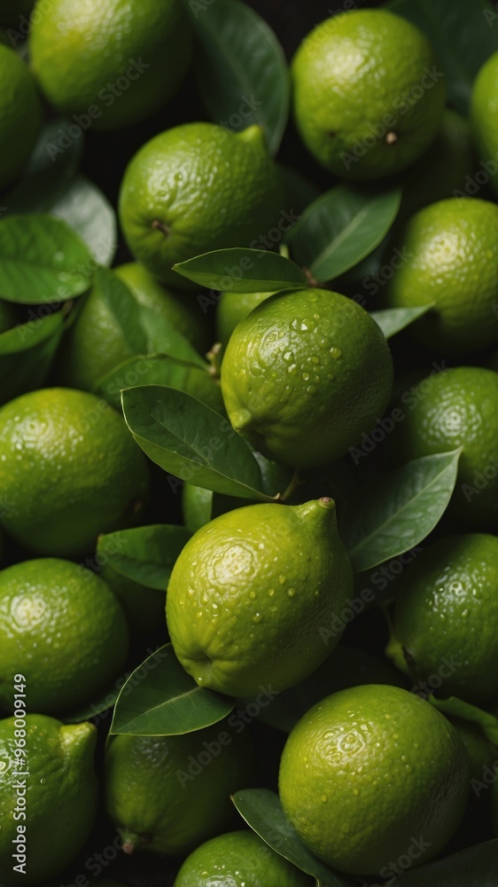 Limes with Green Leaves on a Green Background. Limes with Green Leaves on a Green Background.