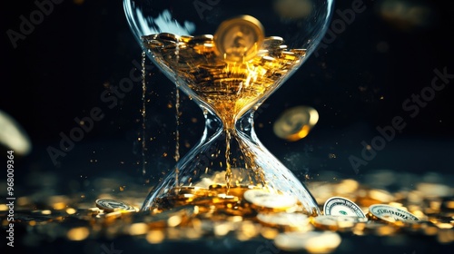 Melting Currency Hourglass: An hourglass filled with coins and paper currency melting away into liquid gold