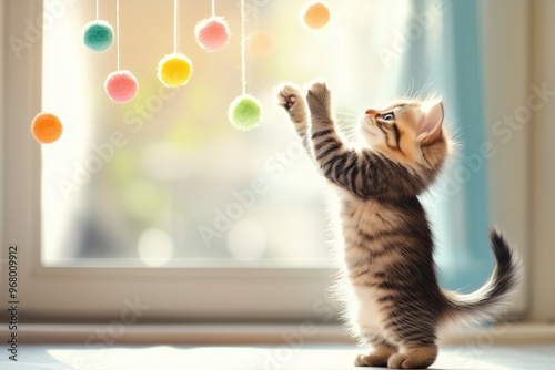  tabby kitten stands on its hind legs, eyes wide with excitement, as it reaches to swat at hanging colorful toy balls  photo