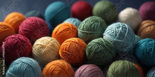 colorful yarn balls for knitting on blue background with copy space.