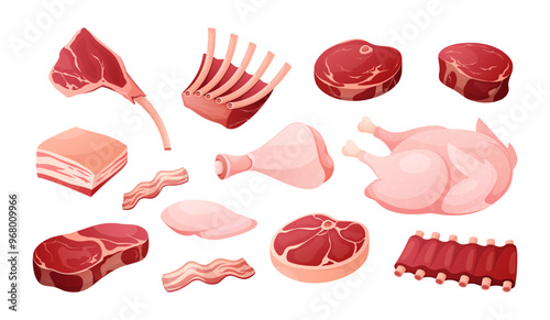 Meat products. Vector icon set of fresh meats with steak, ribs, lard, bacon slice for steakhouse menu, bbq, barbeque. Veal, pork, chicken, beef raw. Cartoon butchery shop, organic farm ingredient.