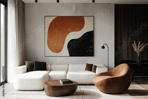 Modern minimalist interior with a plush white sofa, a sculptural brown chair, and bold abstract wall art in black and terracotta. Stylish apartment living room design with a luxurious touch. photo