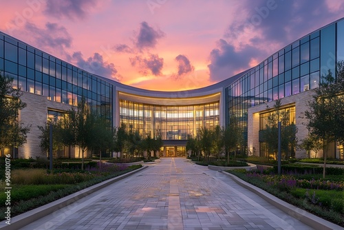 Majestic Modern Healthcare Facility with Striking Glass Facades and Serene Gardens