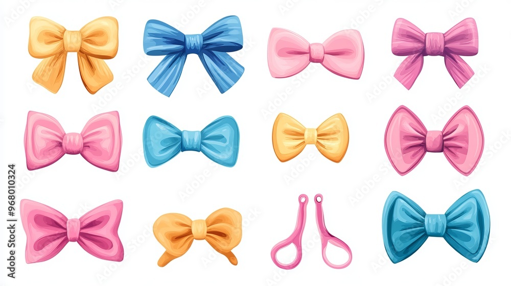 A collection of hair ties featuring cute hairpins, hairbands, bows, and scrunchies. These cartoon-style, girlish fashion accessories are illustrated in a flat design A collection of hair ties featuring cute hairpins, hairbands, bows, and scrunchies. These cartoon-style, girlish fashion accessories are illustrated in a flat design