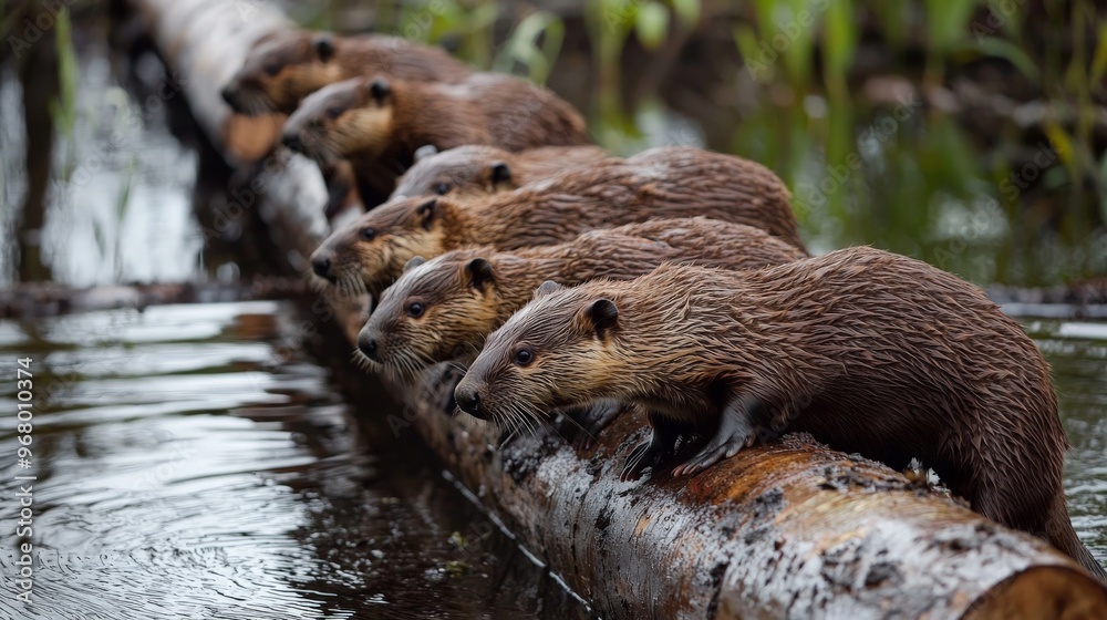 Beavers moving logs to build a dam, representing the transport industry in the wild Beavers moving logs to build a dam, representing the transport industry in the wild