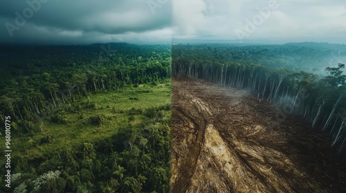 aerial splitscreen image contrasting lush green rainforest with stark deforested area highlighting environmental impact and conservation efforts photo