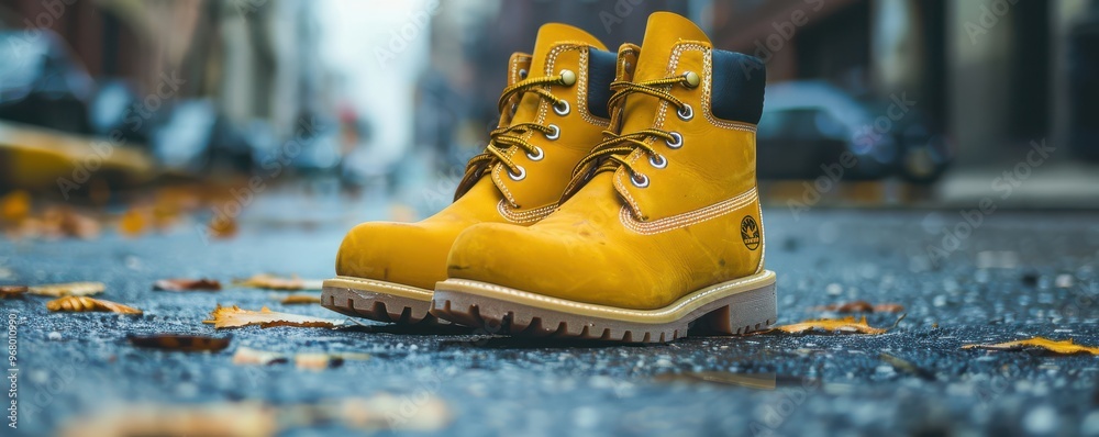 Old yellow heavy-duty work boots on a city street, symbolizing resilience and hard work. Old yellow heavy-duty work boots on a city street, symbolizing resilience and hard work.