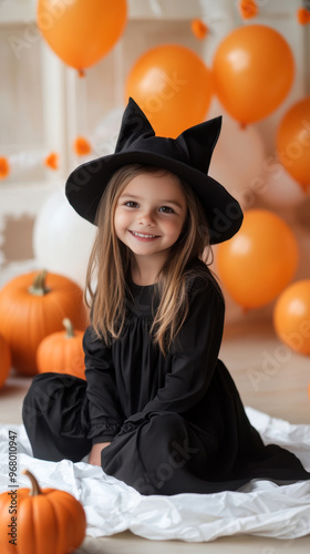 Little girl in a witch costume with pumpkins and balloons. Halloween orange and black decoration. Funny spooky childish party photo