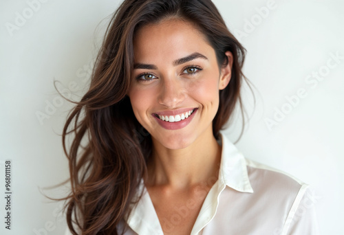 Close-up of a stunning woman in a white blouse, with dark hair, radiant skin, and a confident smile.







