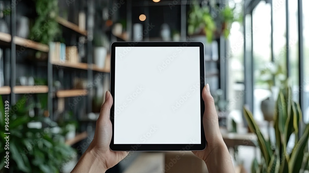 A person holding a tablet with a blank screen in a modern office setting, ready for adding website or app mockups. A person holding a tablet with a blank screen in a modern office setting, ready for adding website or app mockups.
