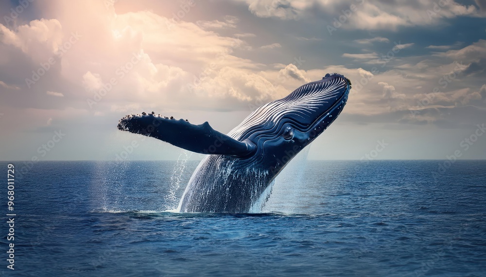 Fototapeta premium Humpback Whale Flying Above the Sea – Mystical Fantasy Dream Scene