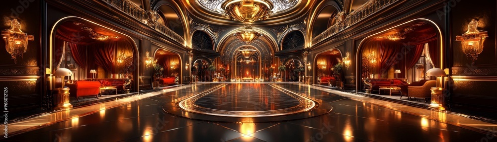 Obraz premium Majestic, ornate palace interior with intricate architecture, luxurious furnishings, and gold accents, realistic, opulent