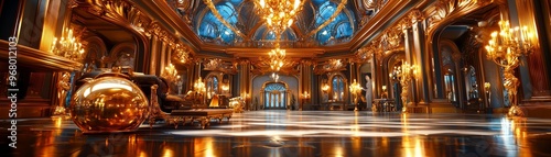 Majestic, ornate palace interior with intricate architecture, luxurious furnishings, and gold accents, realistic, opulent