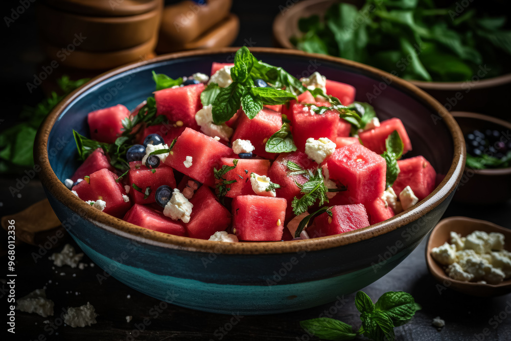 A bowl of watermelon and blueberries with mint leaves. A bowl of watermelon and blueberries with mint leaves.