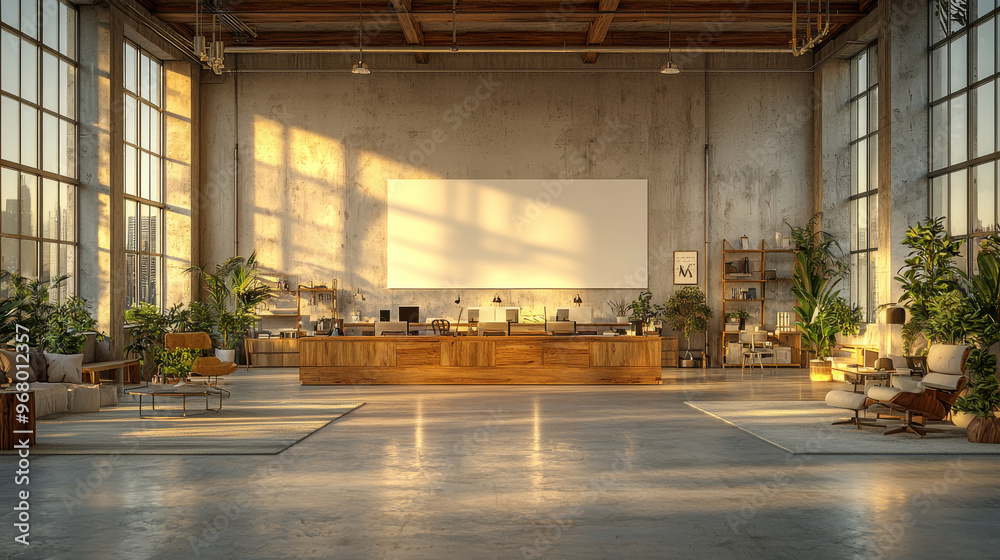 Spacious modern office interior with large windows and a wooden desk. Spacious modern office interior with large windows and a wooden desk.