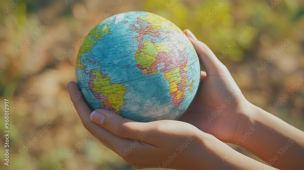 Hands holding a colorful globe with a soft, natural background, representing environmental protection and hope. Hands holding a colorful globe with a soft, natural background, representing environmental protection and hope.