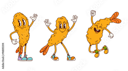 Cartoon retro groovy shrimp ebi tempura characters of Japanese cuisine food, vector comic. Groovy funky happy fried shrimps with smile face or silly laugh for Asian and Japanese food cartoon character