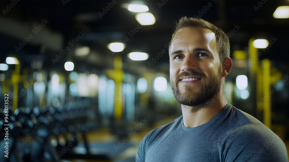 determined fit blond caucasian man trainer training in a fitness center, focusing on strength and endurance posing with smiled face expression; copy space determined fit blond caucasian man trainer training in a fitness center, focusing on strength and endurance posing with smiled face expression; copy space