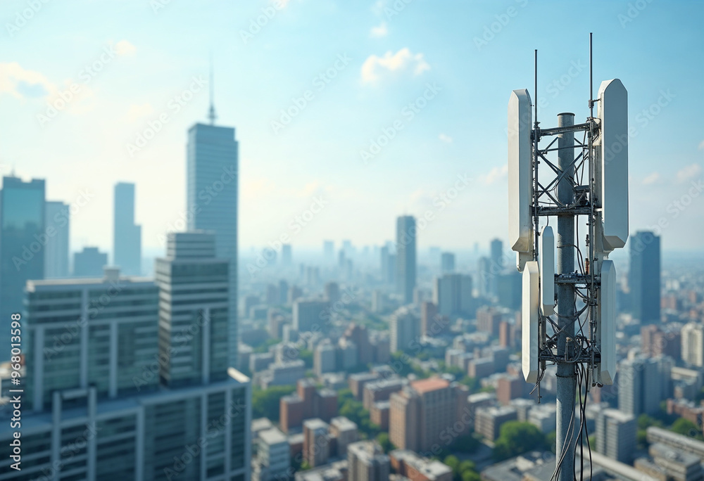 Fototapeta premium Detailed view of a cellular tower on a city rooftop, with a blurred cityscape in the background.