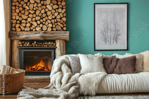 Cozy Cabin Retreat: A rustic living room with a roaring fireplace, a cozy sofa draped in a plush blanket, and a wooden log wall creates the perfect atmosphere for relaxation and warmth. 