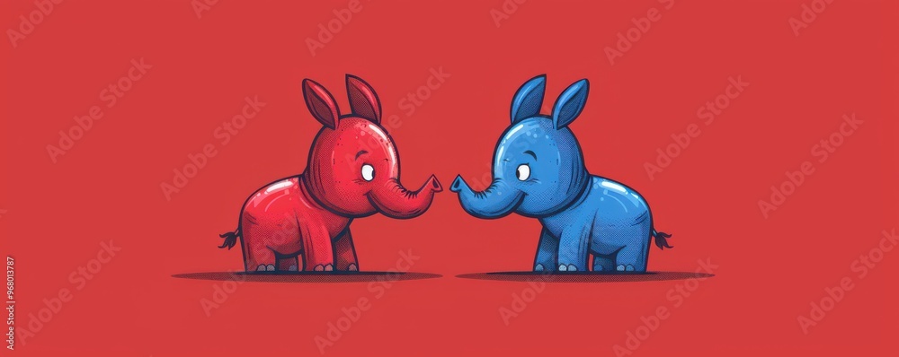 Cartoon-style illustration of a red elephant and blue donkey facing each other, symbolizing political rivalry.