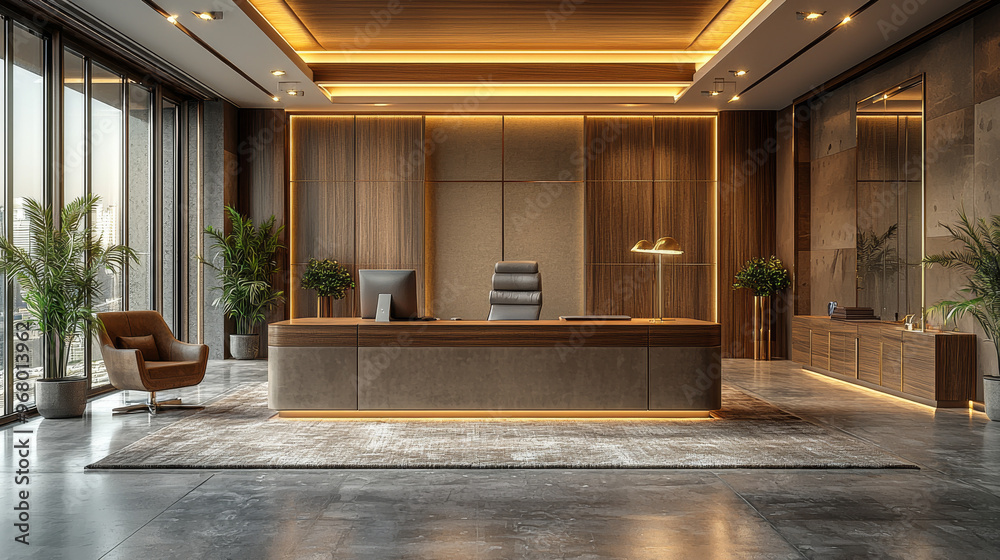 custom made wallpaper toronto digitalModern office interior with a large desk and comfortable seating.