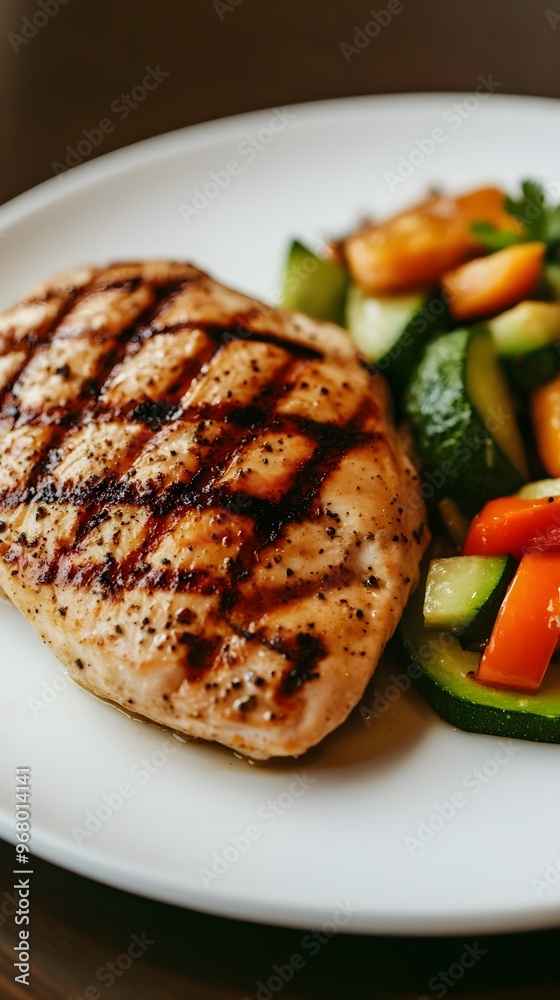 Grilled Chicken Breast with Vegetables on a White Plate Grilled Chicken Breast with Vegetables on a White Plate