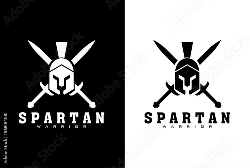 Spartan helmet logo with cross sword mark and distressed effect. Warrior logo spartan helmet