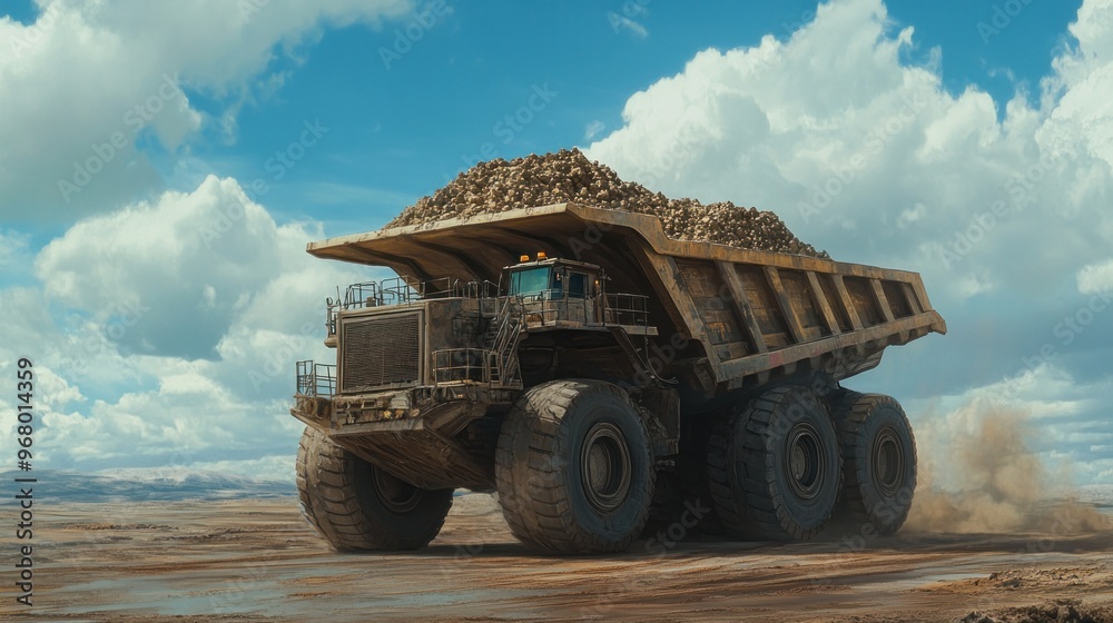 Obraz premium A Large Haul Truck Driving Through A Desert Landscape
